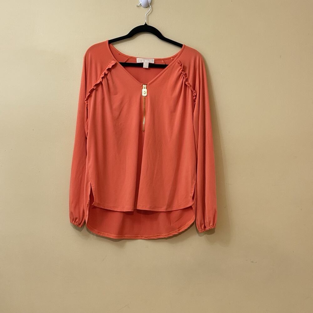 Quiet Luxury Casual Resort Glam Preppy Michael Kors Coral Gold Zip Blouse L